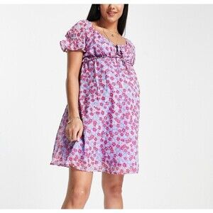 Maternity ruched bust mini short sleeve tea dress in purple floral size M